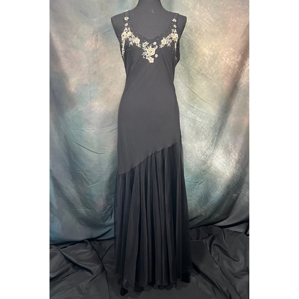 R&M Richards Womens Vintage Black Embroidered Floral Sequin Mesh Gown Size 12